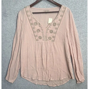 NWT Cape Juby Pink Sz M Babydoll Long Sleeve Boho Blouse Peasant Floral Flowy